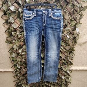 Rock Revival Jeans "Essie" Boot Womens Size 32 Thick White Leather Inserts 33x32